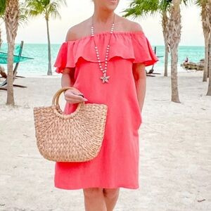 Tommy Bahama womens medium 8 10 dress mini Coral pink Off Shoulder line blend